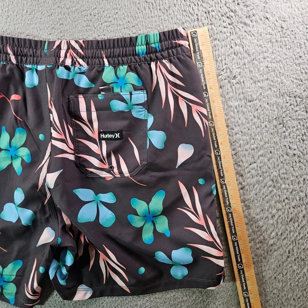 NWT Hurley Board Shorts Swim Trunks Men XXL No Liner Floral Leaf Print Gray‎